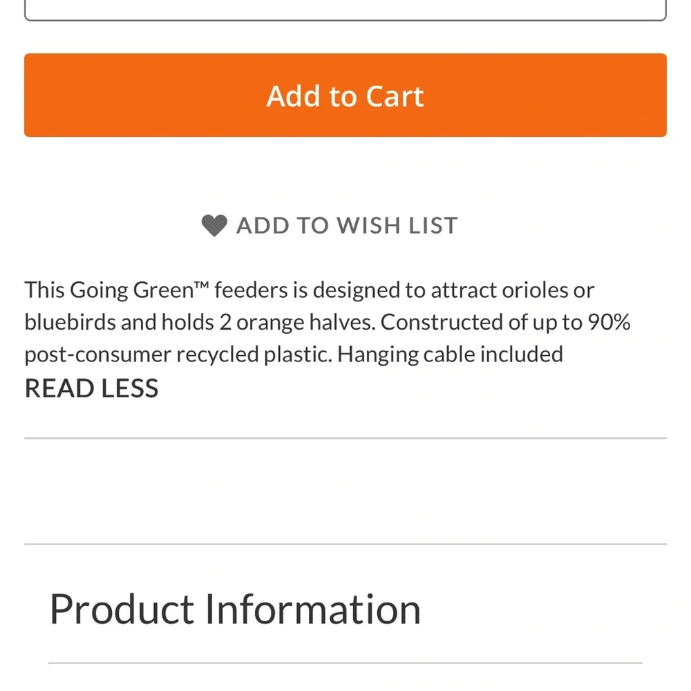 Going Green Bright Orange Hanging Bird Feeder